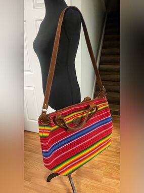 SOUL SHINE Guatemala Artisan Woven Boho Tote Bag Leather Trim Multicolor